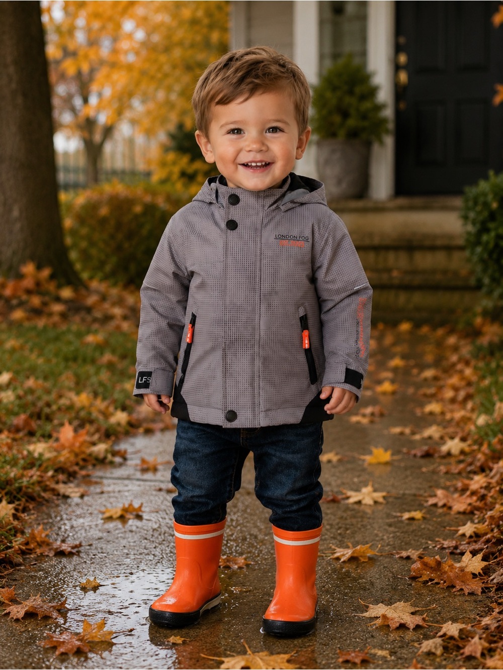 London Fog Gray Kids Hooded Rain Jacket with Orange Accents